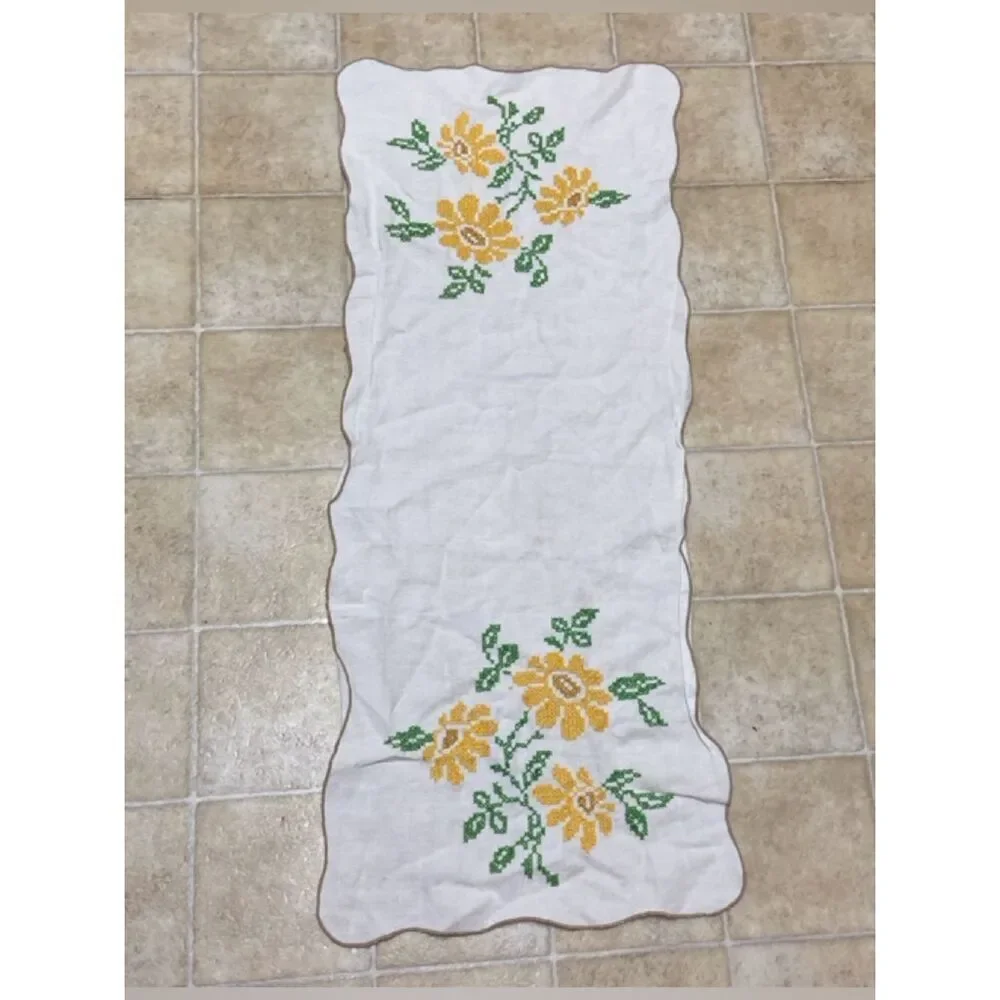 Hand-Embroidered Linen Table Runner with Yellow Floral Motif